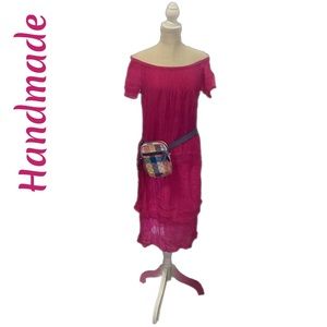 VTG Handmade Crinkled cotton Layered MIDI Shift Dress  Drk Pink